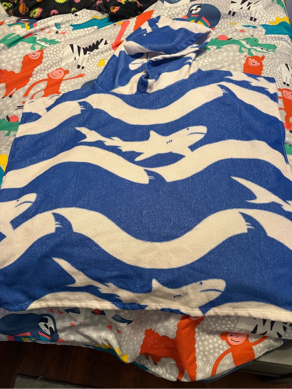 Blue and White Shark Wave Hooded Towel Poncho